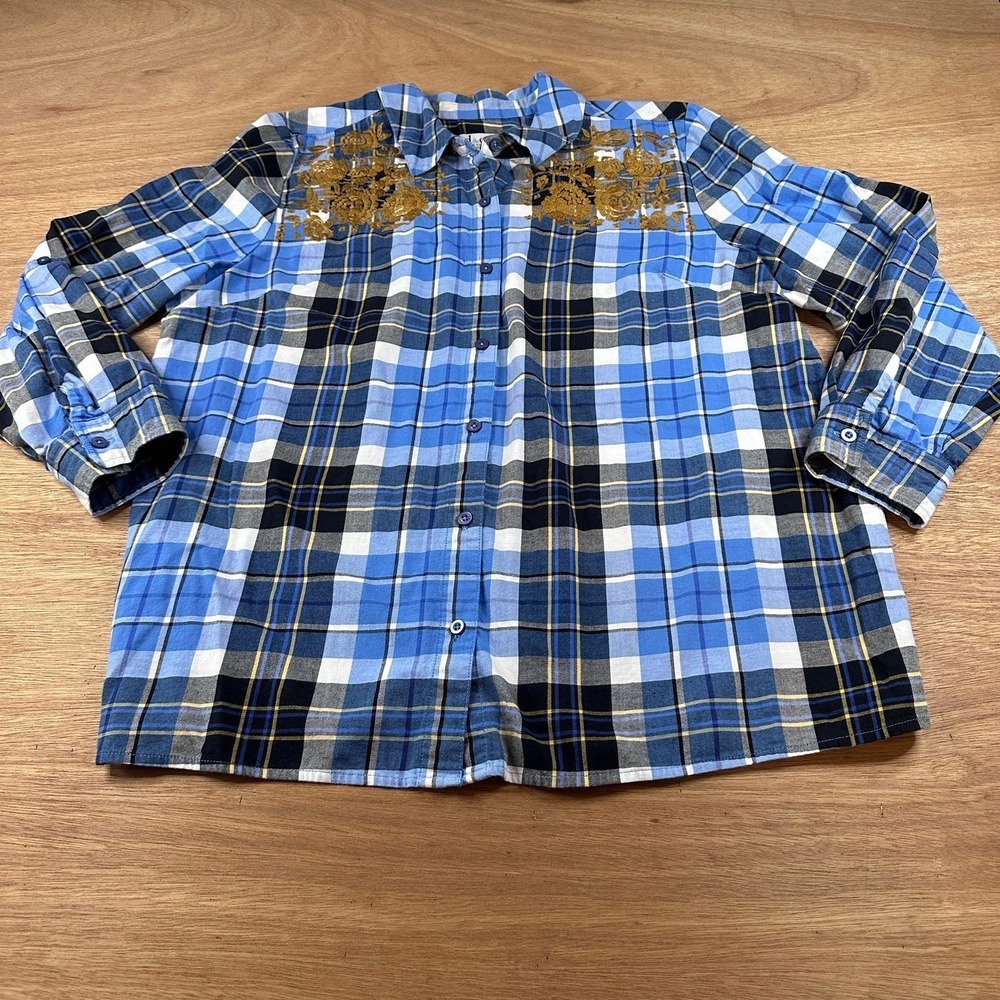 Denim & Co Womens XL Blue Plaid Embroidered Roll Tab Sleeve Babydoll Shirt Top